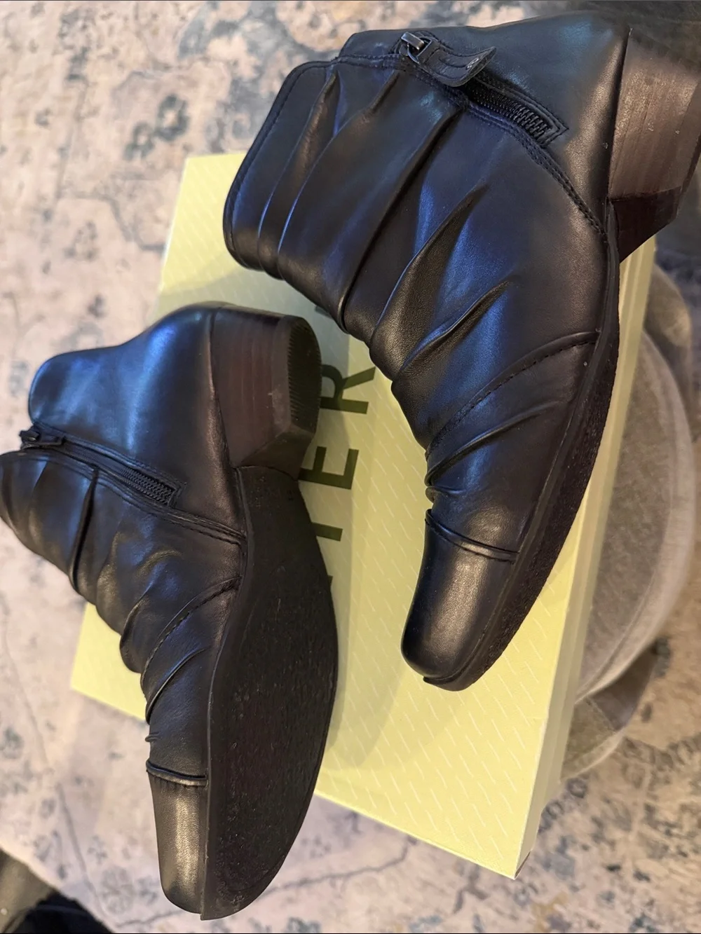 Women's Wide Black Leather Ankle Boots with Ruched Detail